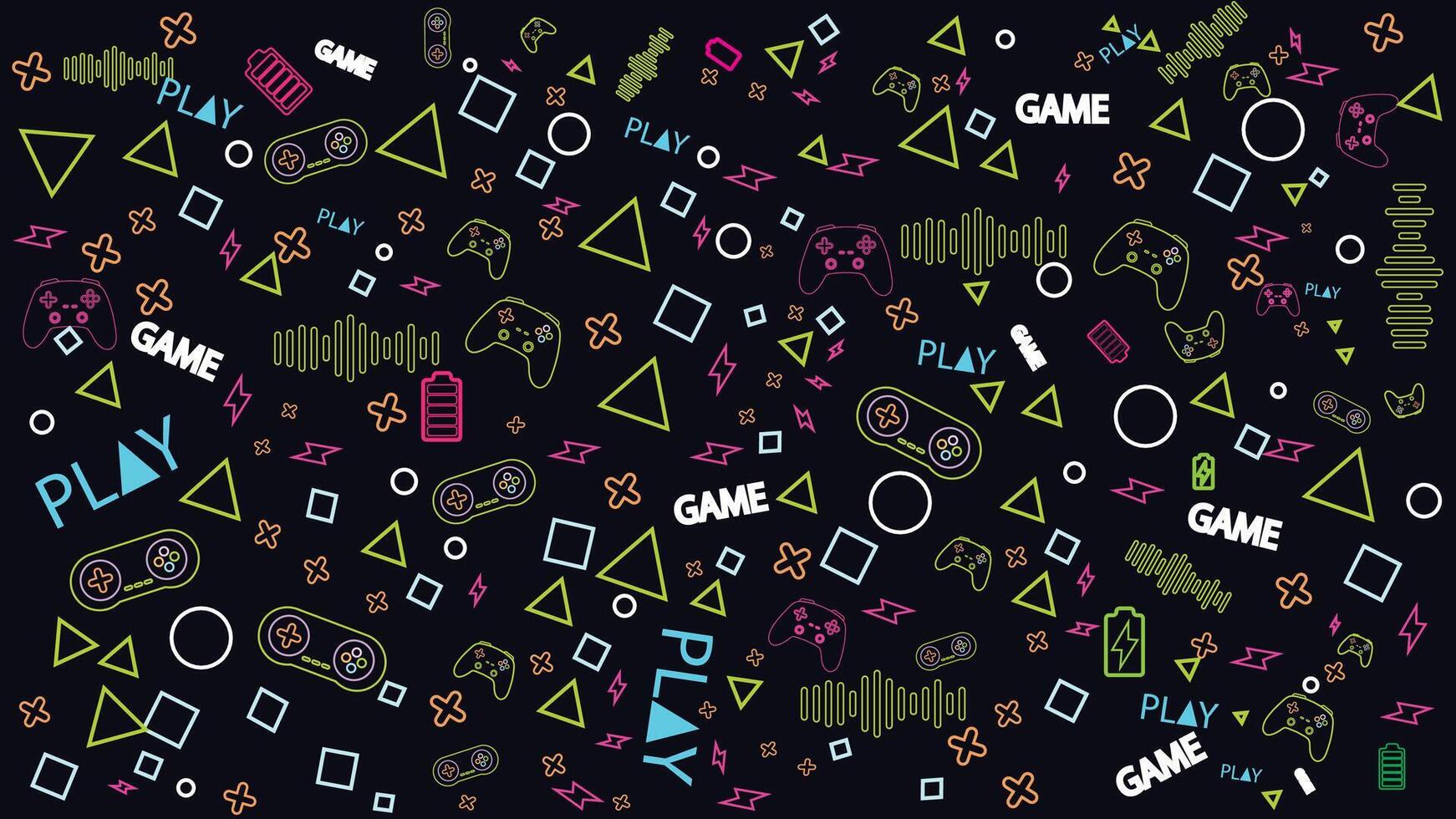 Game background with gamepad, joystick geometric pattern and graphic elements. Outline neon design illustration vector