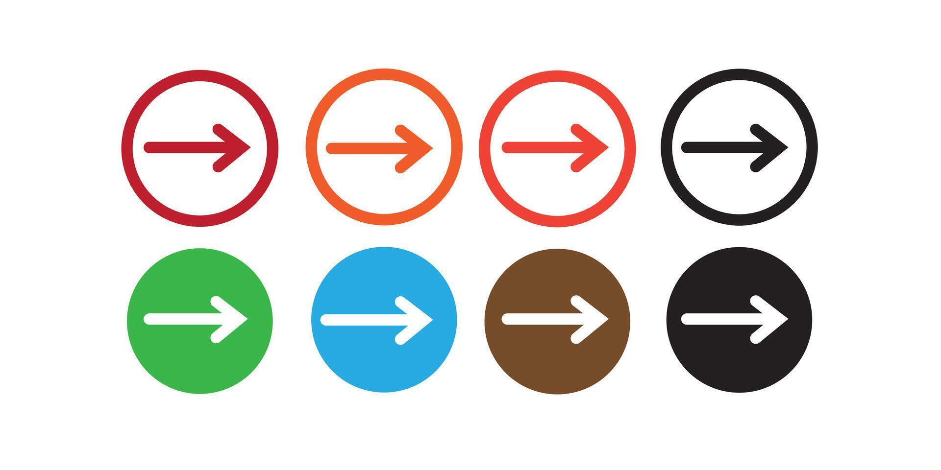 Right arrow button. Round icon with long shadow on red or blue... vector