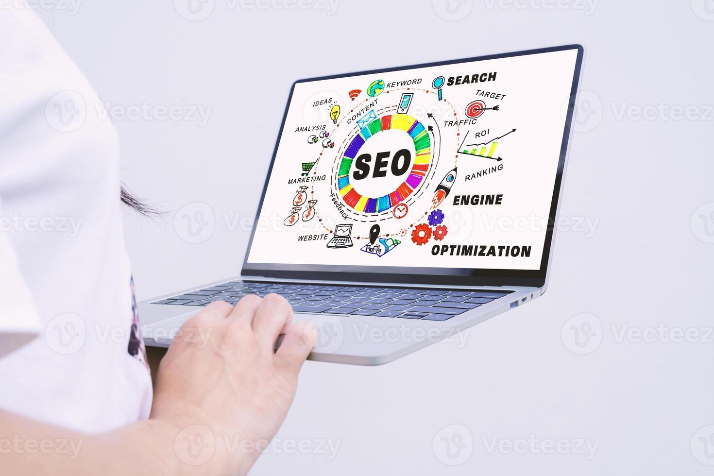 Searching Engine Optimizing SEO Browsing Concept. Close-up of a business woman's hand using a laptop at the office photo