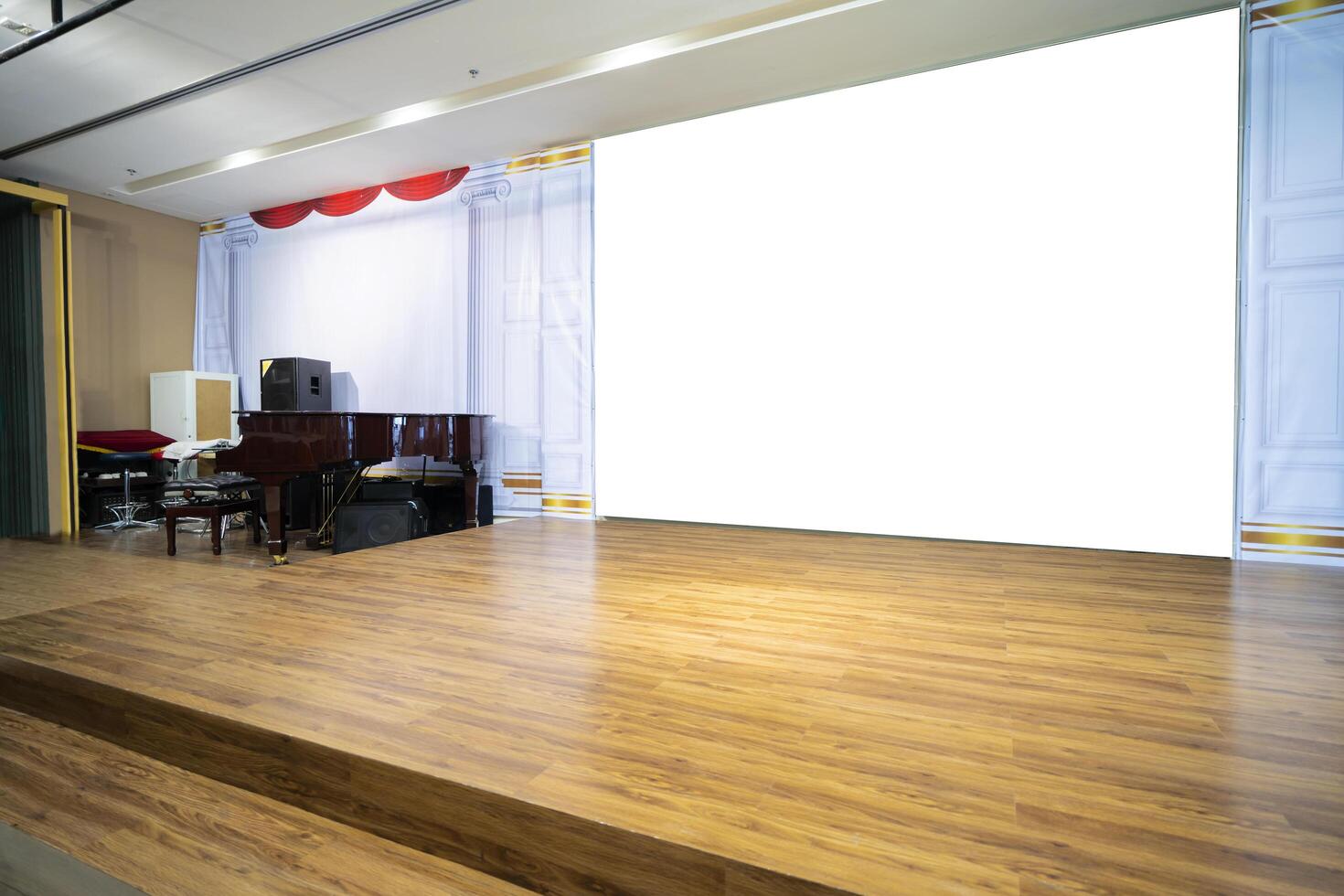 Horizontal blank information banner standing near wooden stage, empty mock-up of poster in urban settings, white clean billboard with copy space for logo, text or other advertising photo