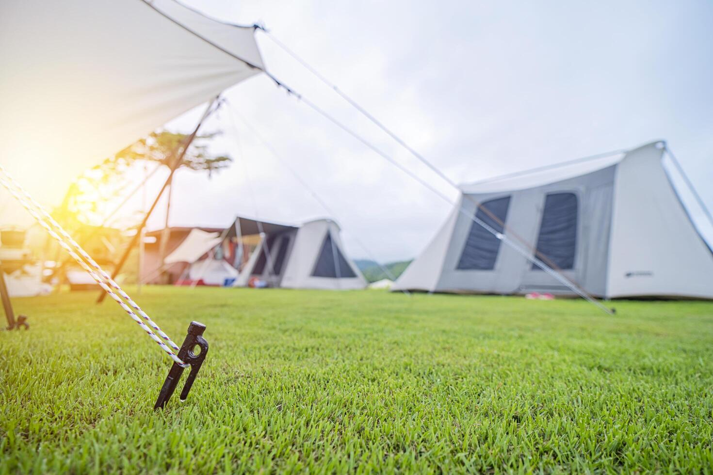 Close up of tent peg anchor on the ground tent,hook of tent,camping photo