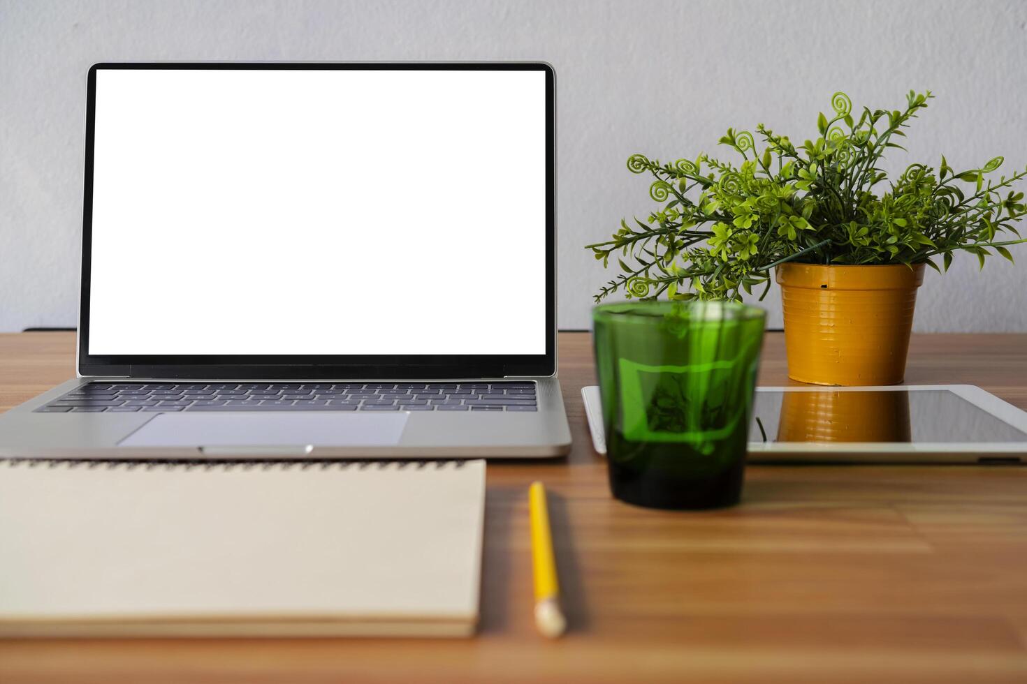 Conceptual workspace, Laptop computer, Notebook, tablet with blank white screen on table photo