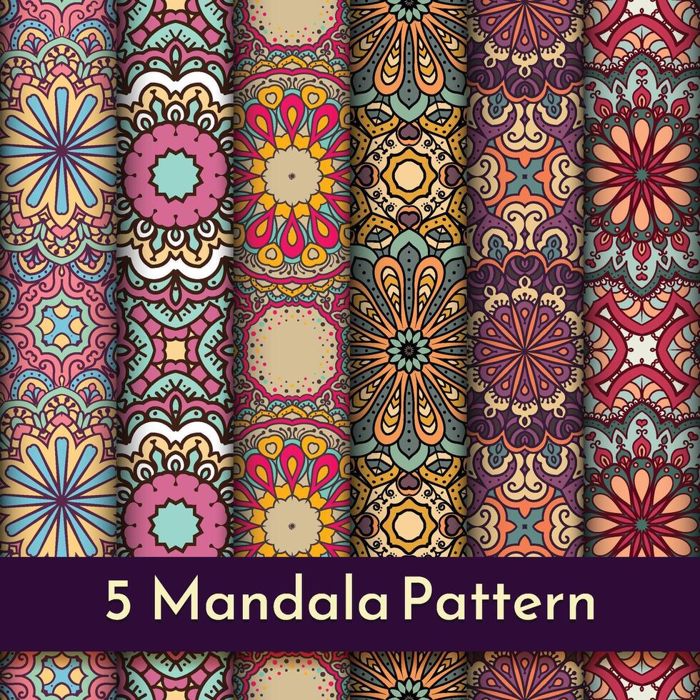 5 Set of Colorful Mandala Seamless Pattern vector