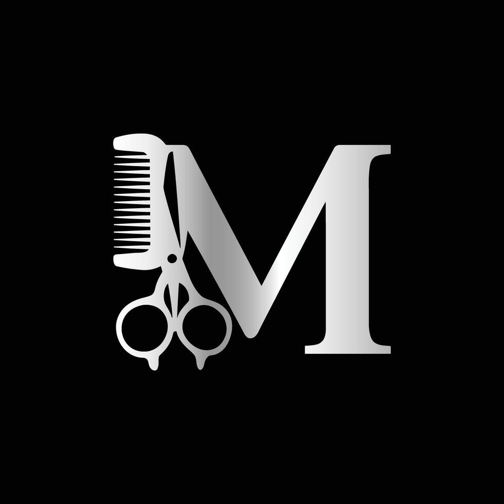 This luxurious and elegant initial M scissors logo is designed for barbershops and salons, retaining its beauty even when scaled down or used in black and white. vector