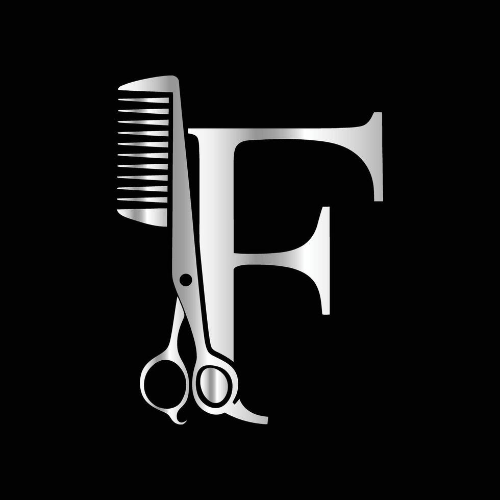 Logo can use for company related Barbershop and Salon. F Scissors vector