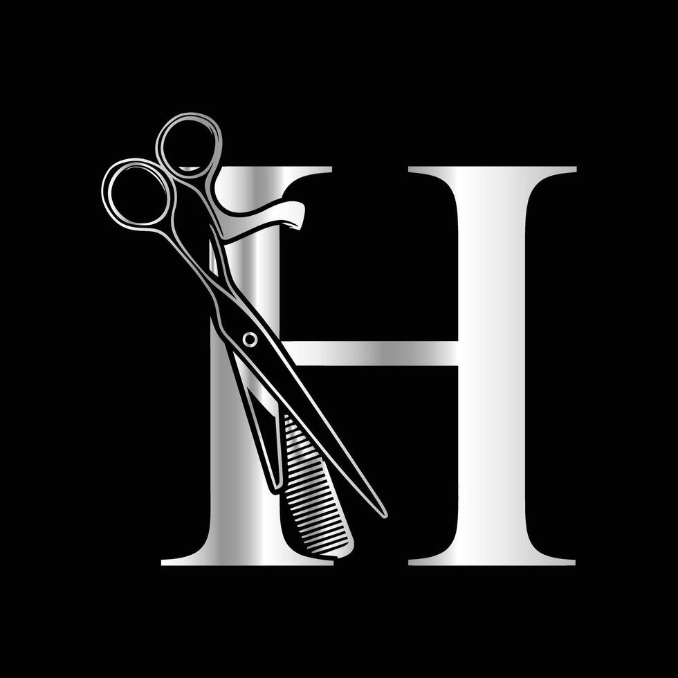This luxurious and elegant initial H scissors logo is designed for barbershops and salons, retaining its beauty even when scaled down or used in black and white. vector