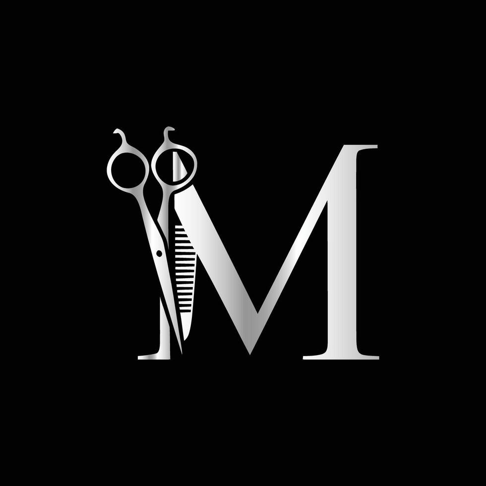 This luxurious and elegant initial M scissors logo is designed for barbershops and salons, retaining its beauty even when scaled down or used in black and white. vector
