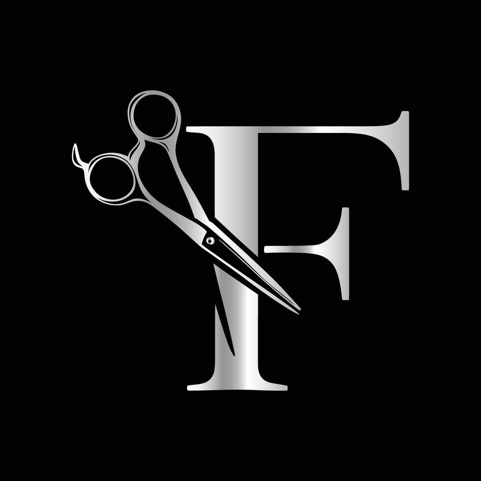 Logo can use for company related Barbershop and Salon. F Scissors vector
