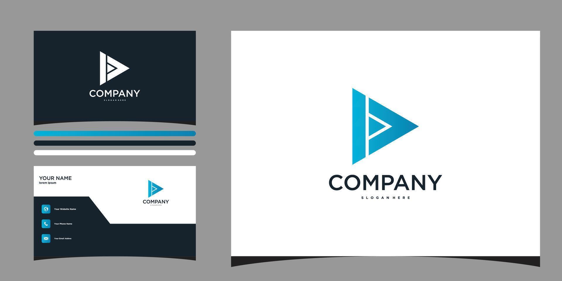 Media play button logo design and bussines card. Premium vector