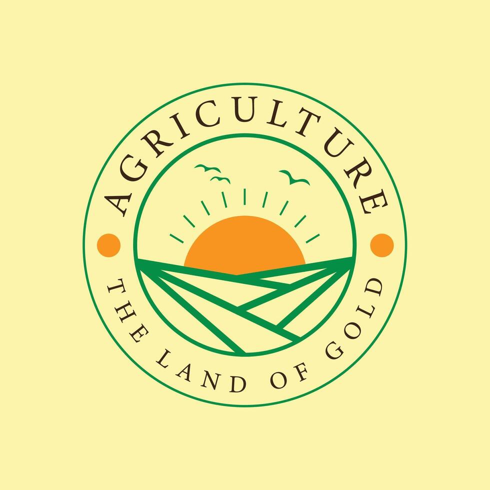 Golden Sunrise over Green Fields Agriculture Logo Design vector