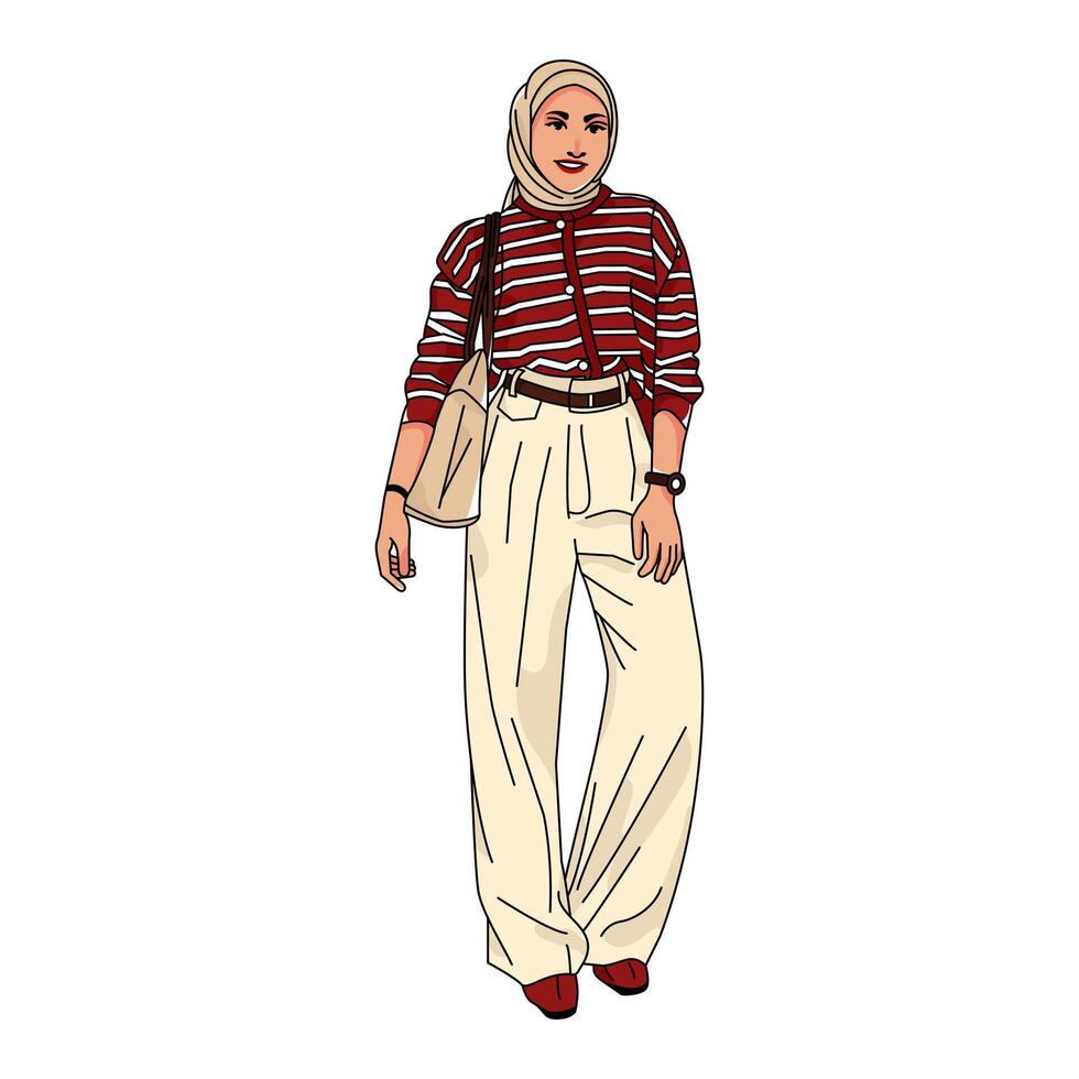 Illustration outfit woman hijab with cardigan red color vector