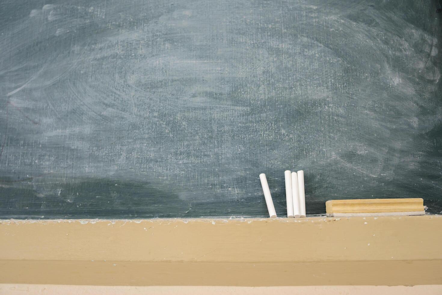 Blackboard is Empty, There is a chalk with a brush to remove the board.. photo
