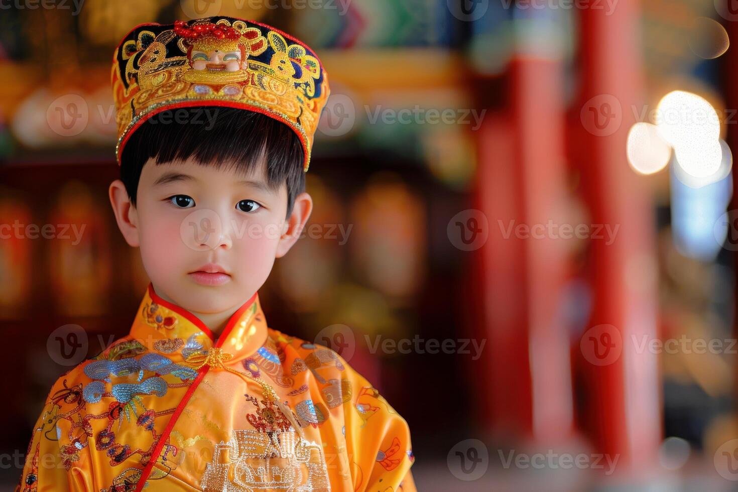Young boy wearing traditional chinese clothing posing in a temple photo