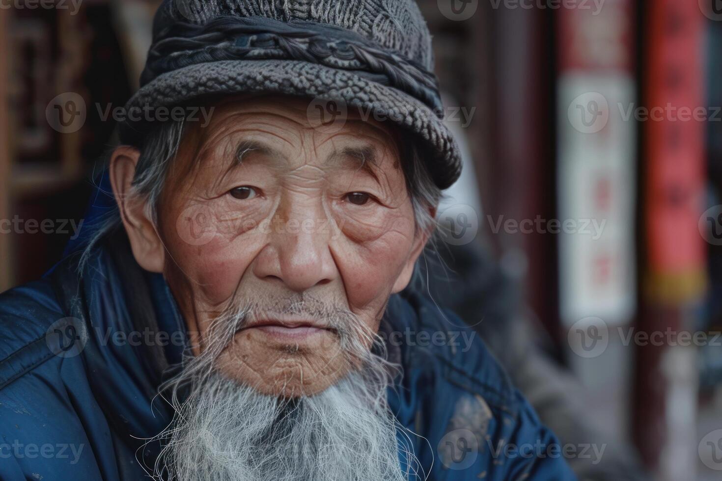 Senior chinese man with grey beard and hat posing outside photo