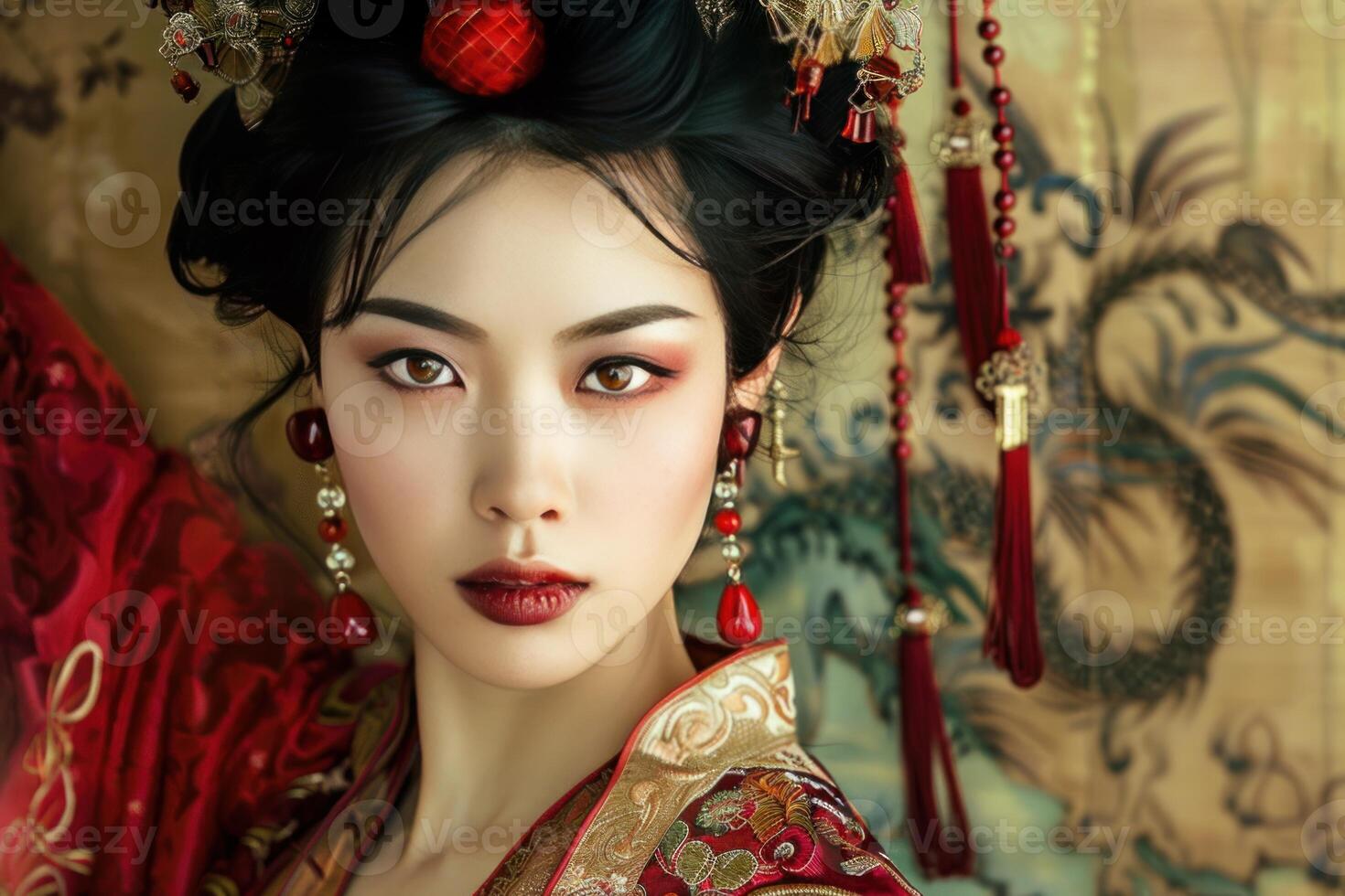 Beautiful chinese woman posing in traditional red dress and headdress photo