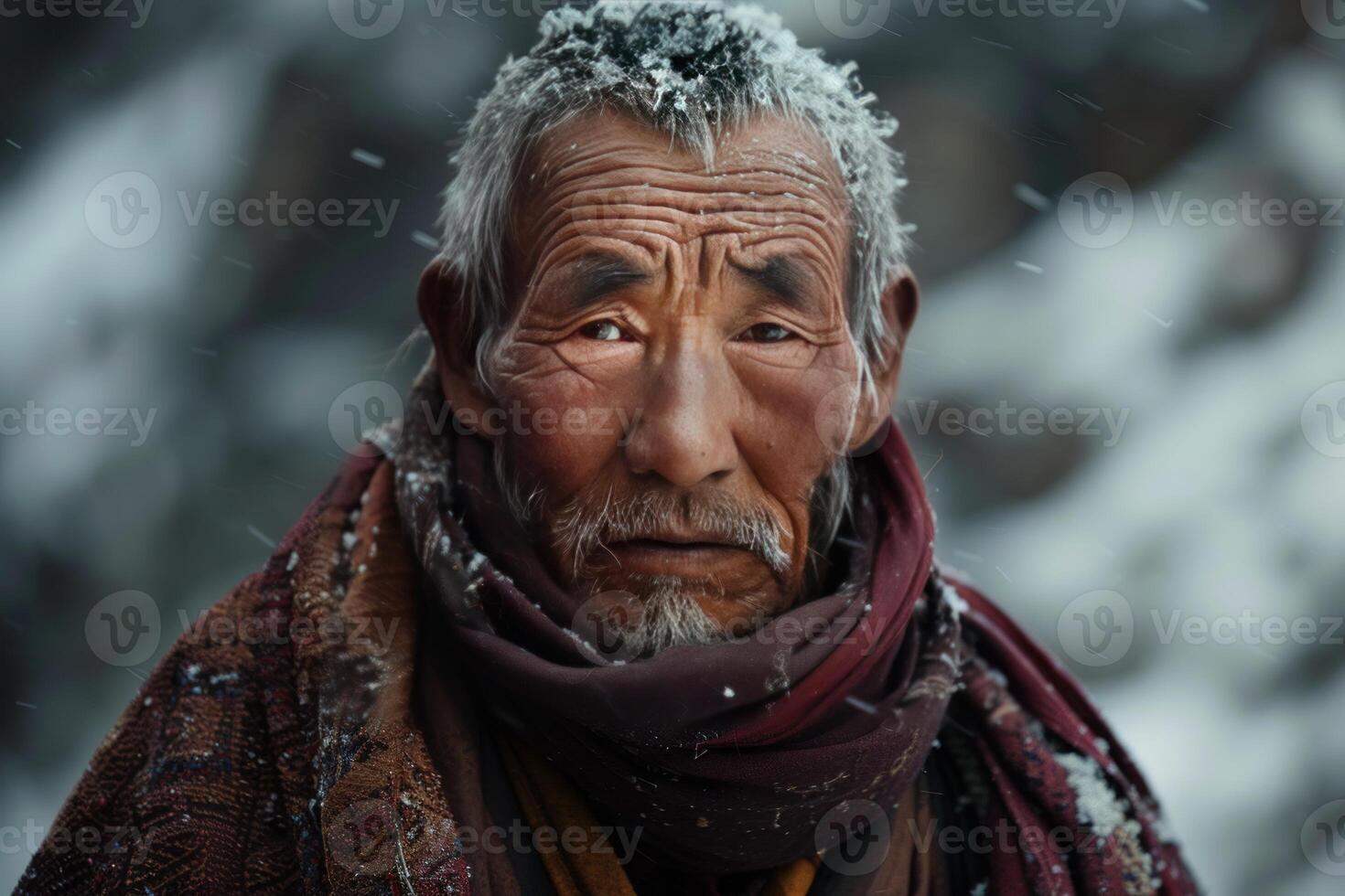 Senior buddhist monk standing outside during snowfall photo