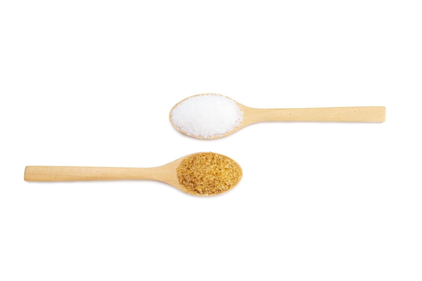 Spoon scoop brown sugar and white sugar Isolated on white background top view photo