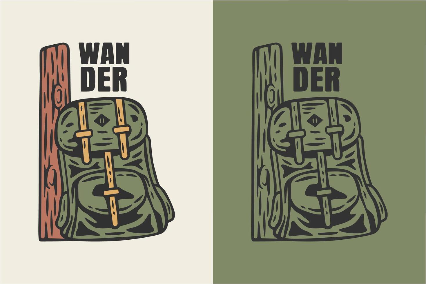Vintage illustration of a backpack resting on a wooden trunk. A trip-themed design is suitable for printable products. vector