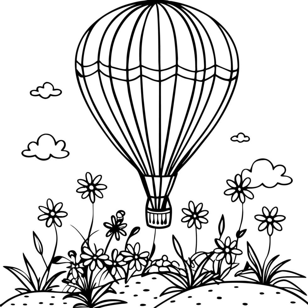 a hot air balloon flying over flowers coloring page vector