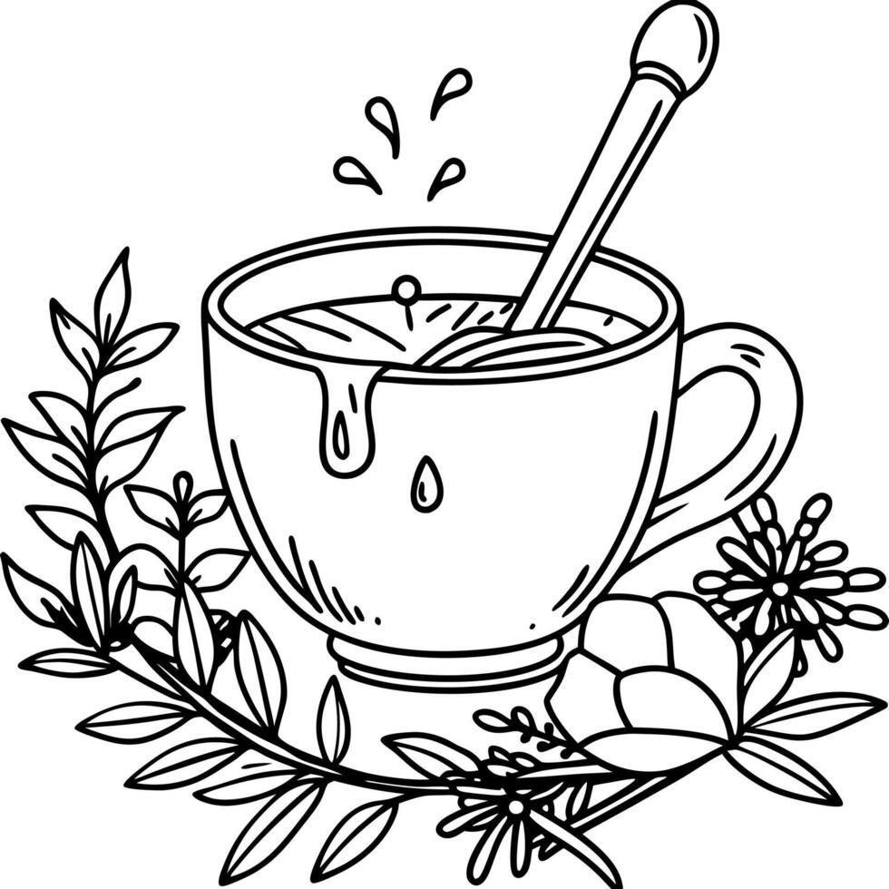 a cup of tea with flowers and leaves coloring page vector
