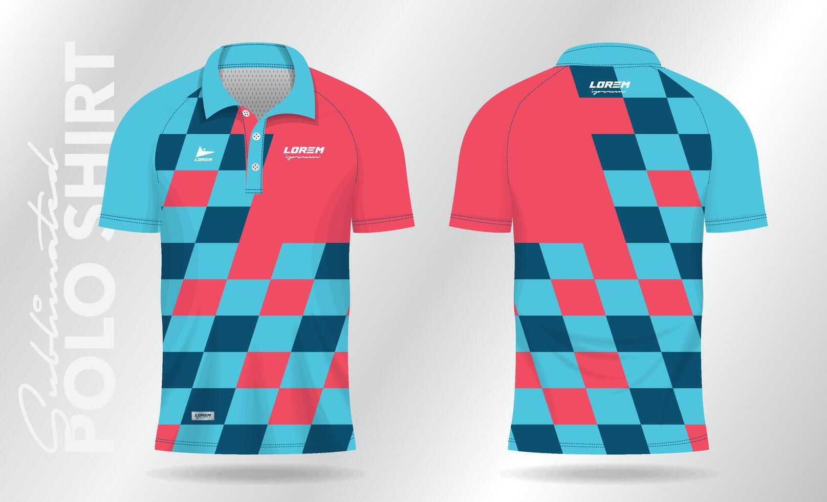 blue and pink abstract jersey polo shirt mockup template design for sport uniform in front view and back view vector