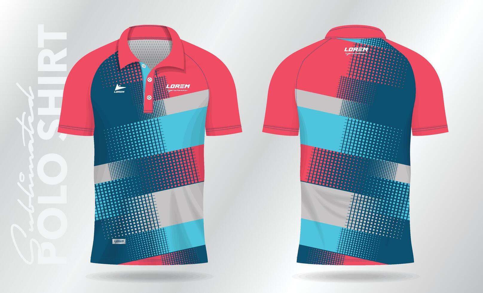 blue and pink abstract jersey polo shirt mockup template design for sport uniform in front view and back view vector