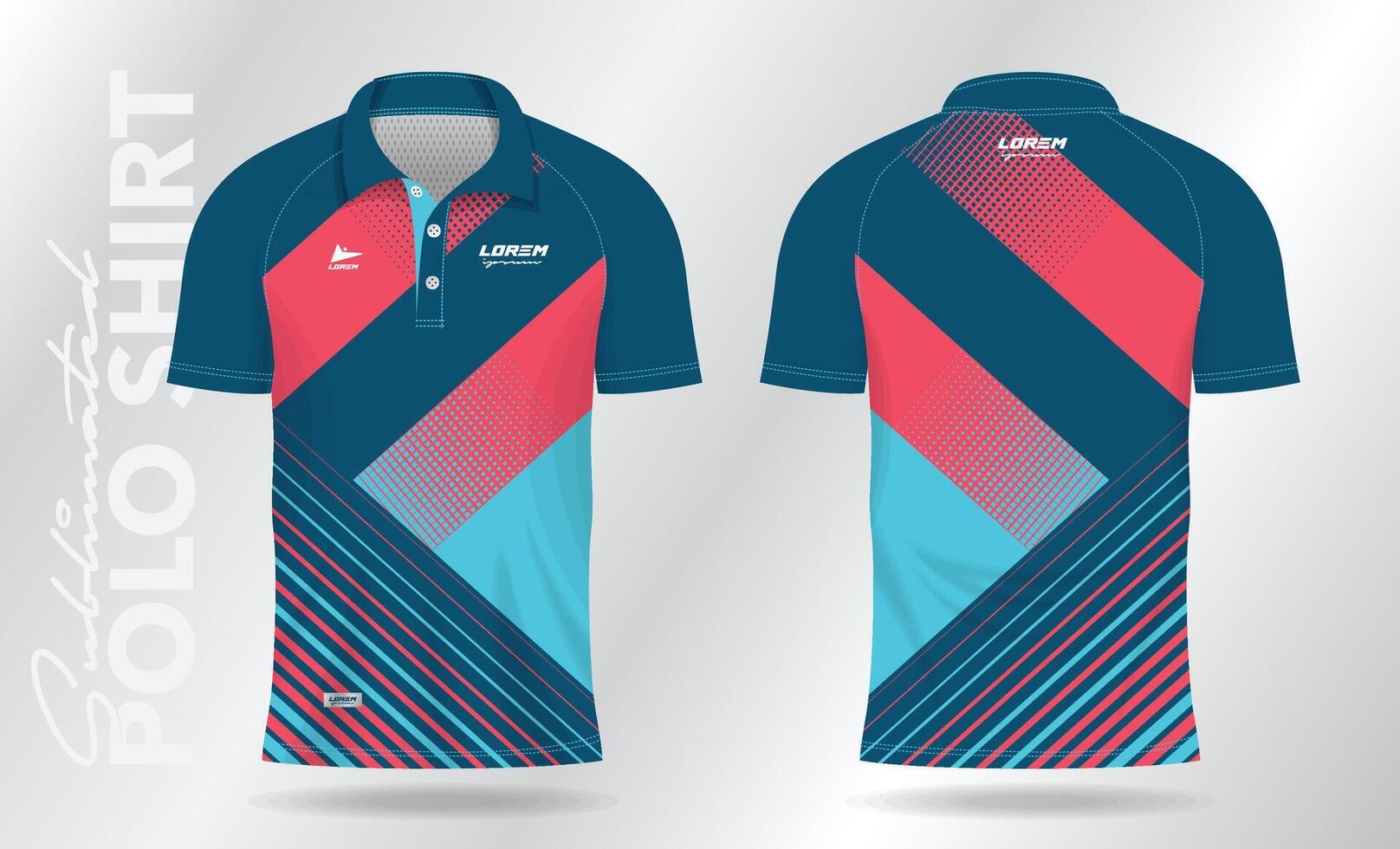 blue and pink abstract jersey polo shirt mockup template design for sport uniform in front view and back view vector