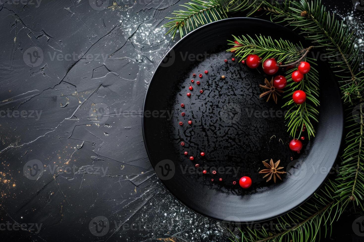 Christmas table setting on black stone background with copy space photo