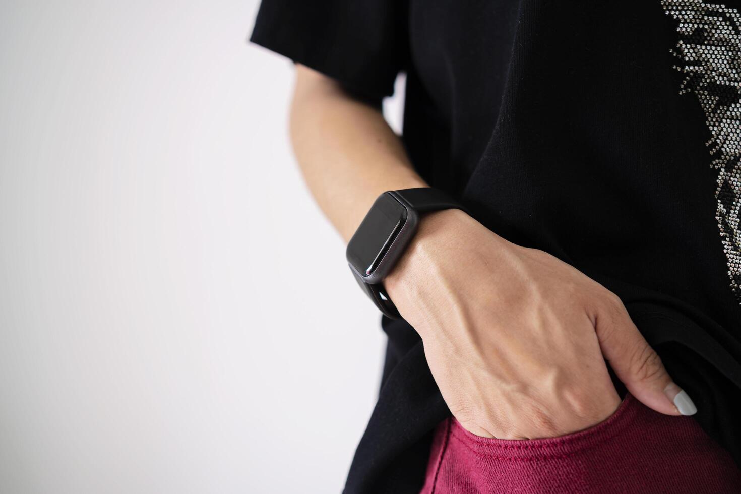 Closeup shot smartwatch, Hand wearing elegant smartwatch is a luxurious accessory photo