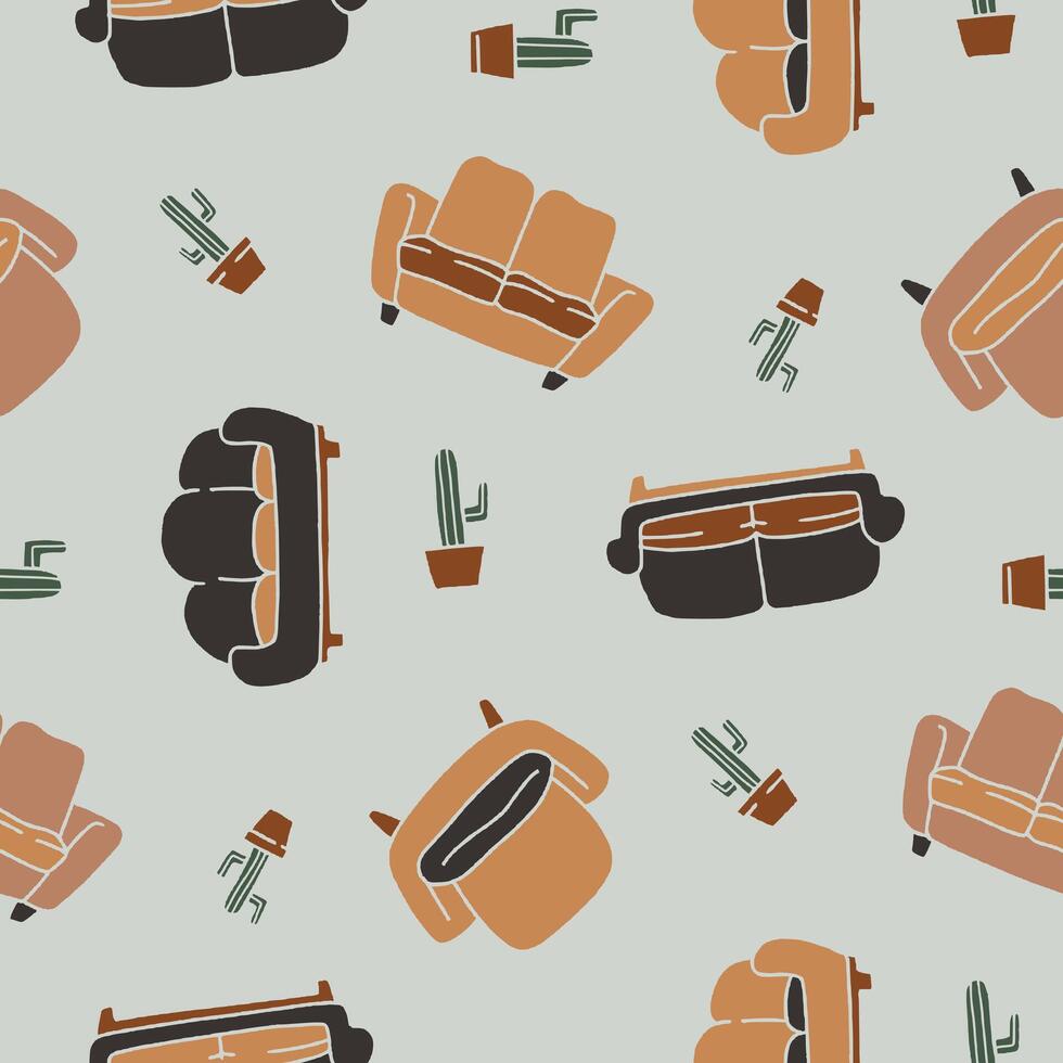 Couch cozy Cactus Seamless Pattern illustration for Print, Wallpaper, Decoration. vector