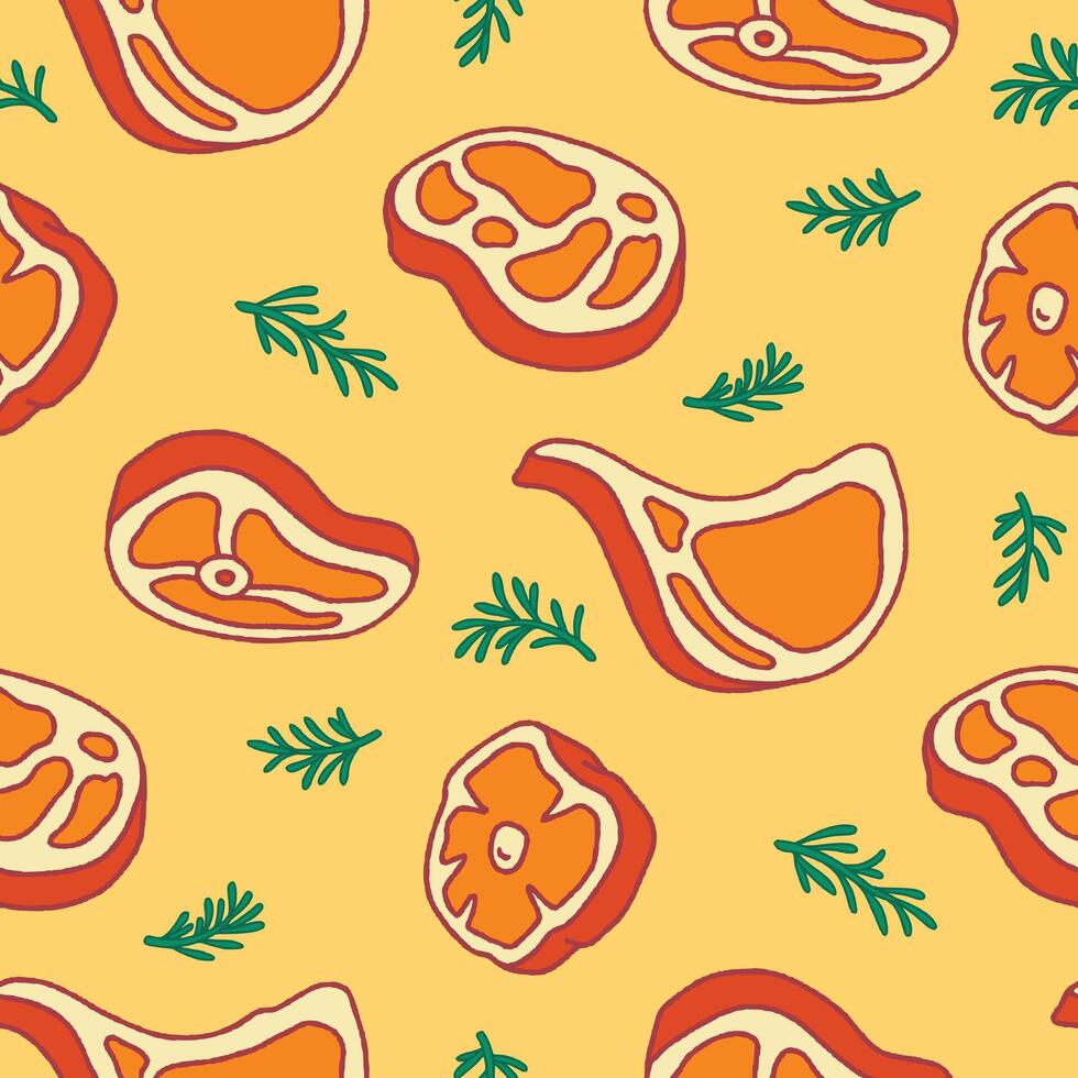 Beef Meat Rosemary Seamless Pattern illustration for Print, Wallpaper, Decoration. vector