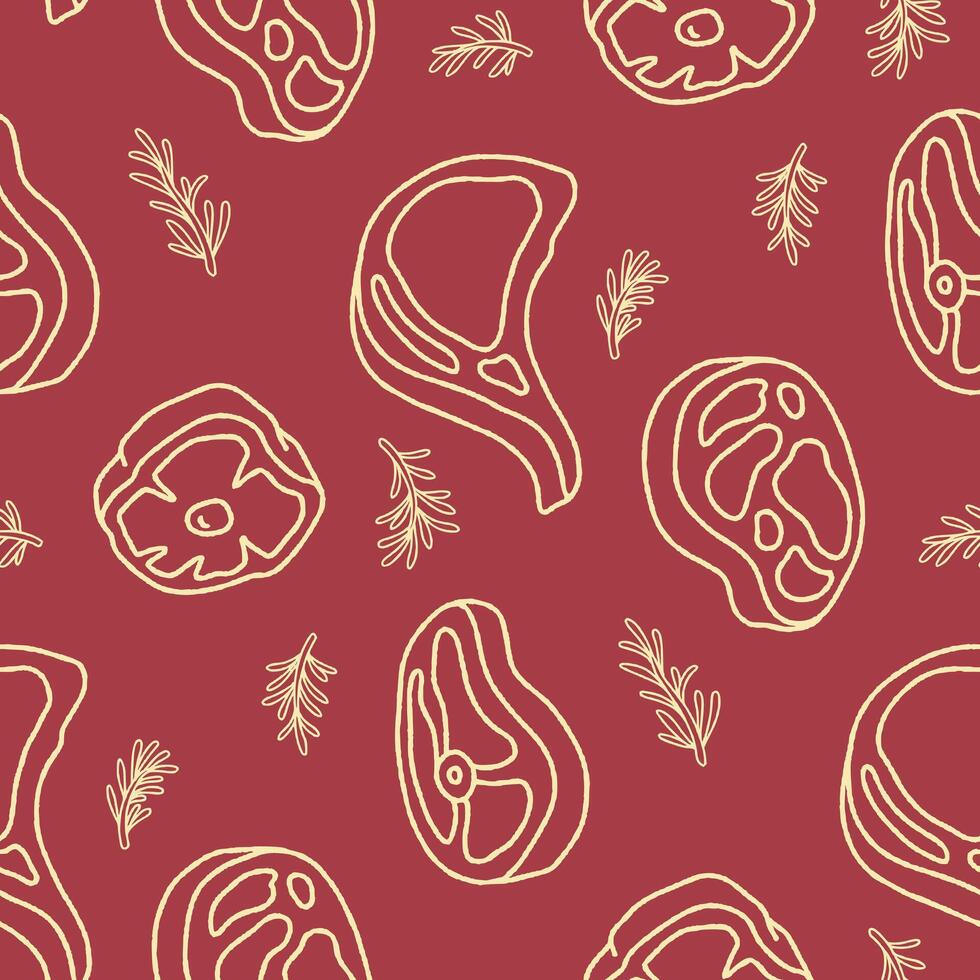Outline Beef Meat Rosemary Seamless Pattern illustration for Print, Wallpaper, Decoration. vector