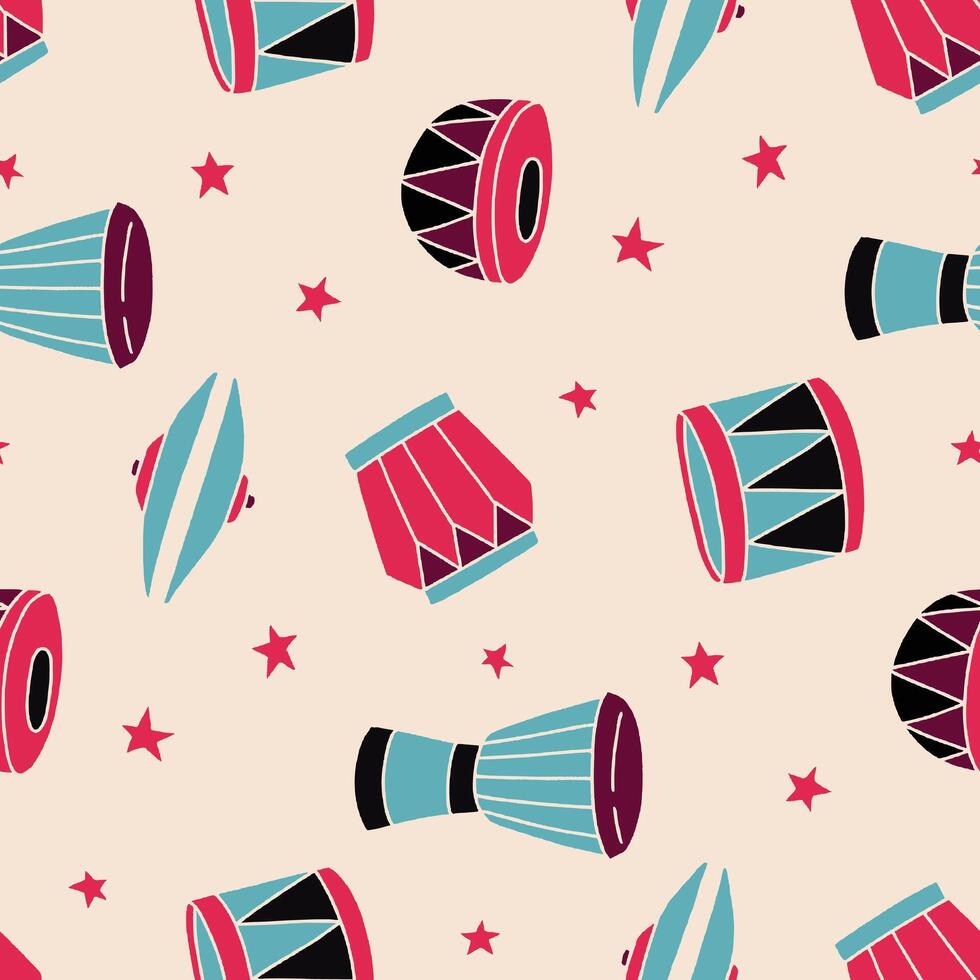Drum Instrument Star Seamless Pattern illustration for Print, Wallpaper, Decoration. vector