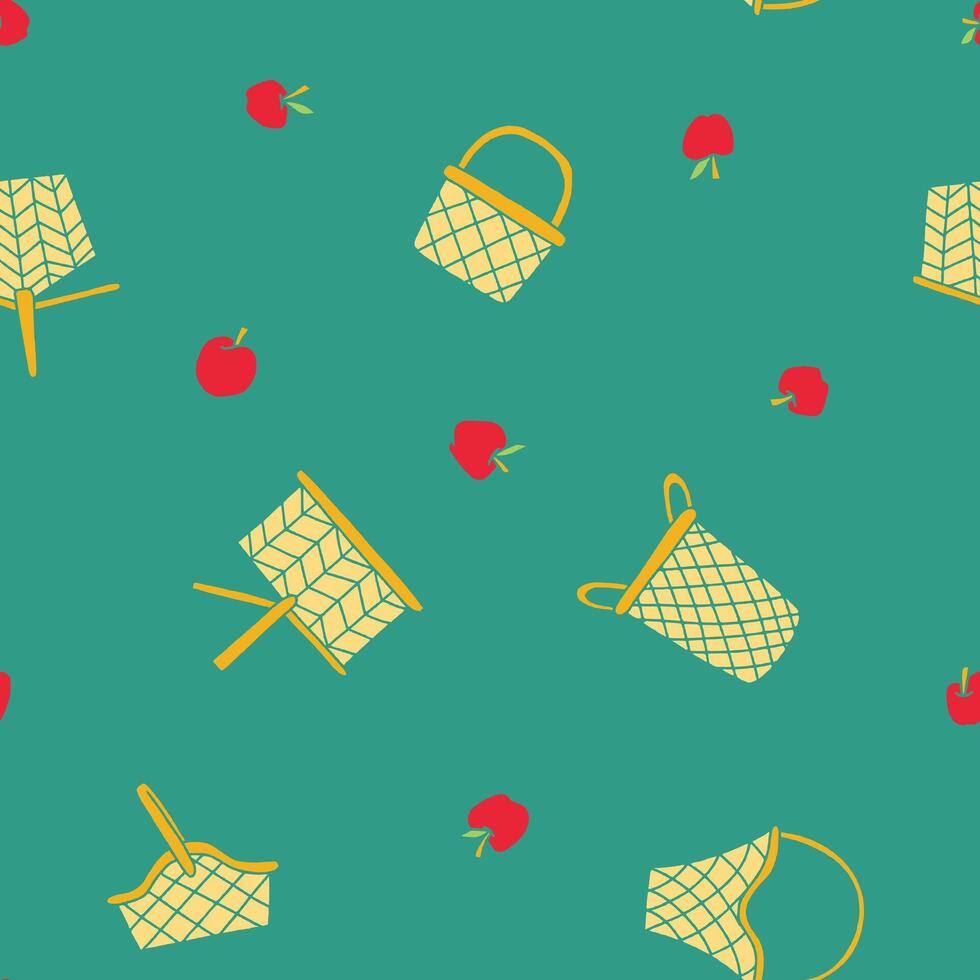 Basket Apple Picnic Seamless Pattern illustration for Print, Wallpaper, Decoration. vector