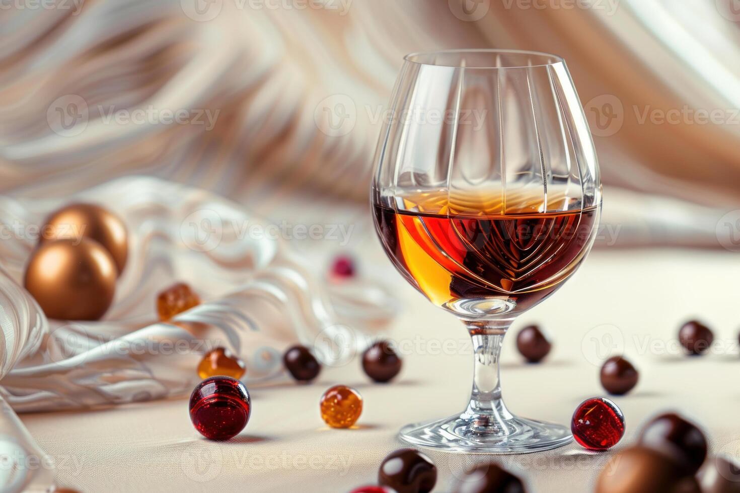 Glass of cognac standing on table with chocolate and christmas decoration photo