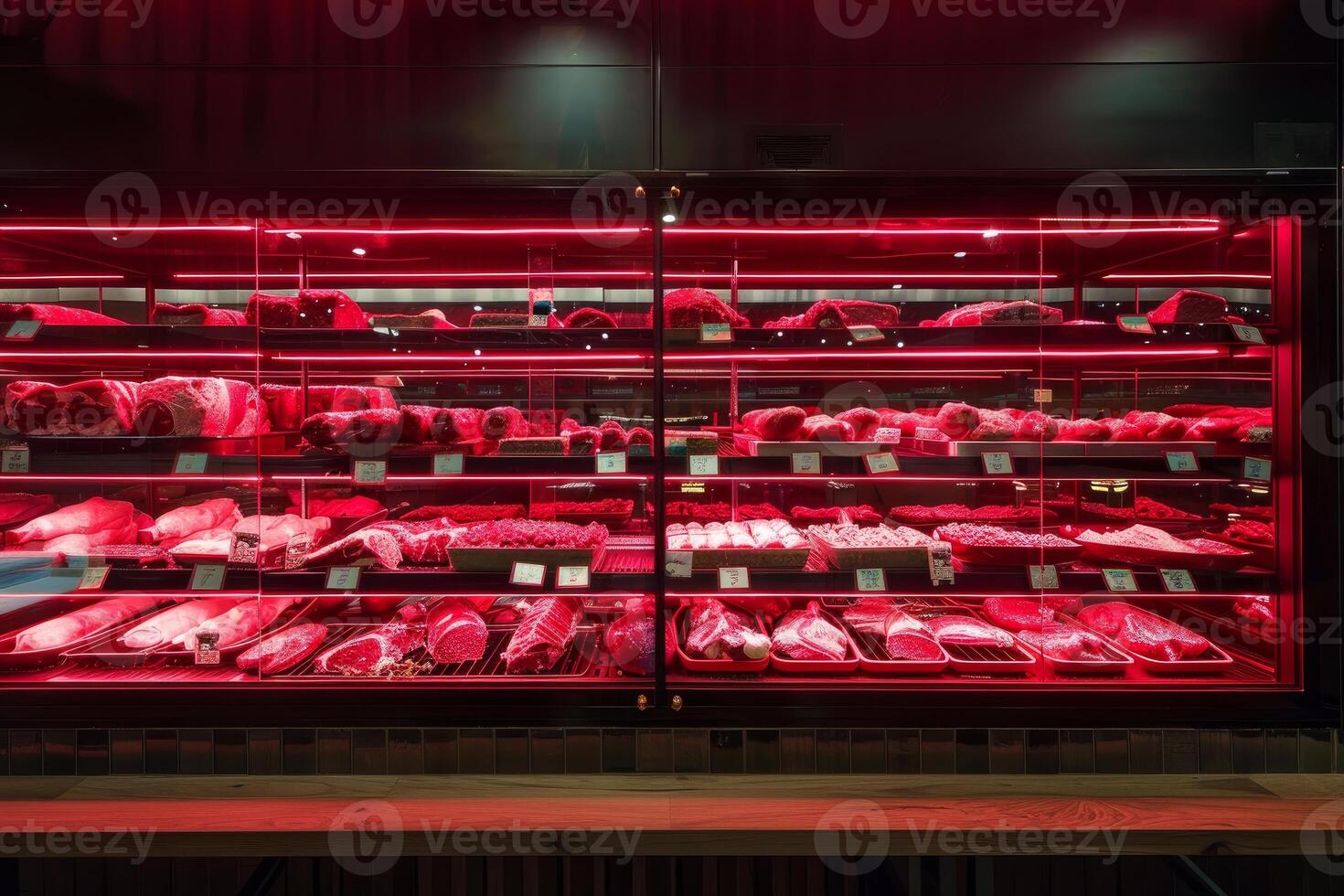 Refrigerated display case full of fresh meat products illuminated with red light photo
