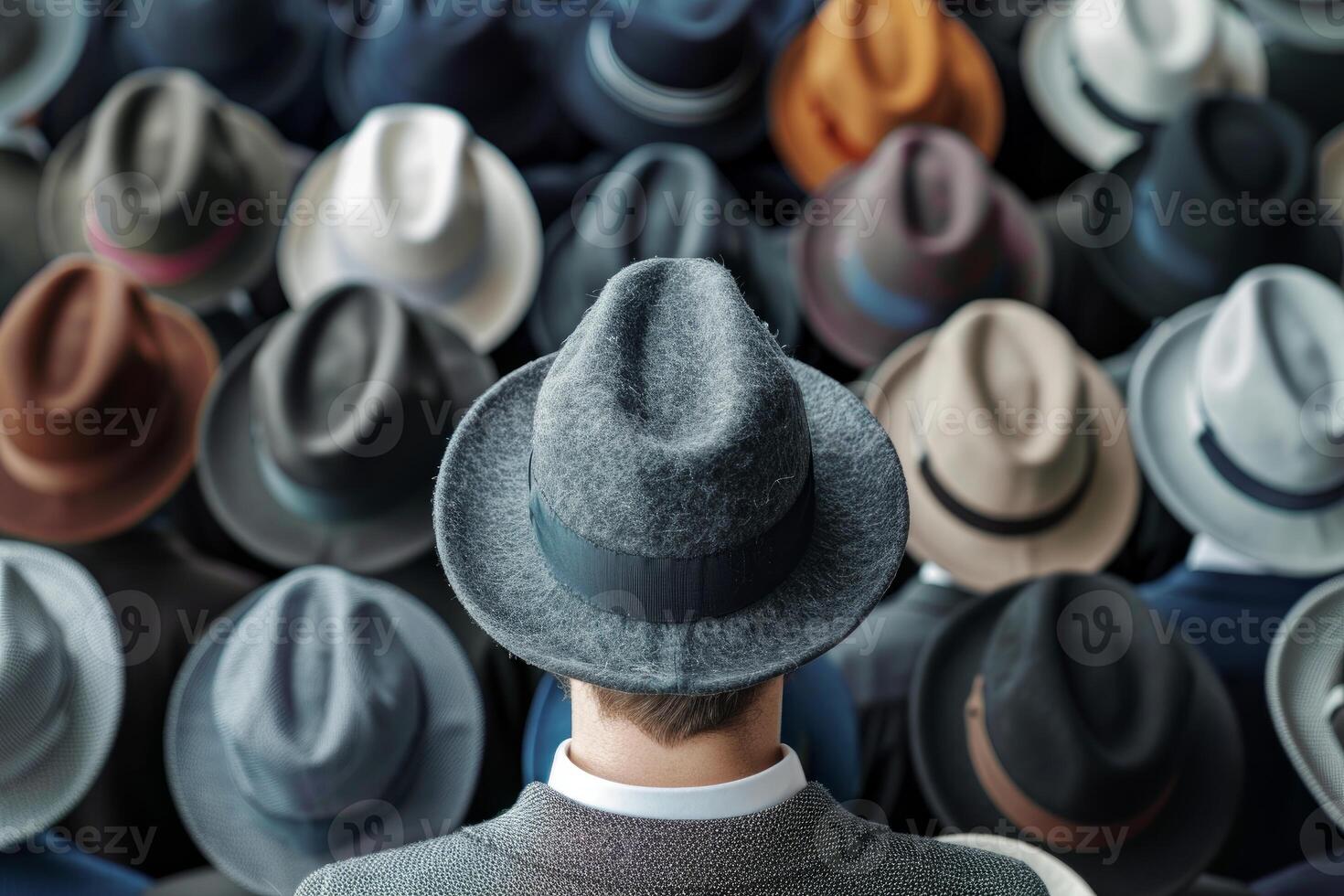 Man standing out from crowd wearing different hat photo