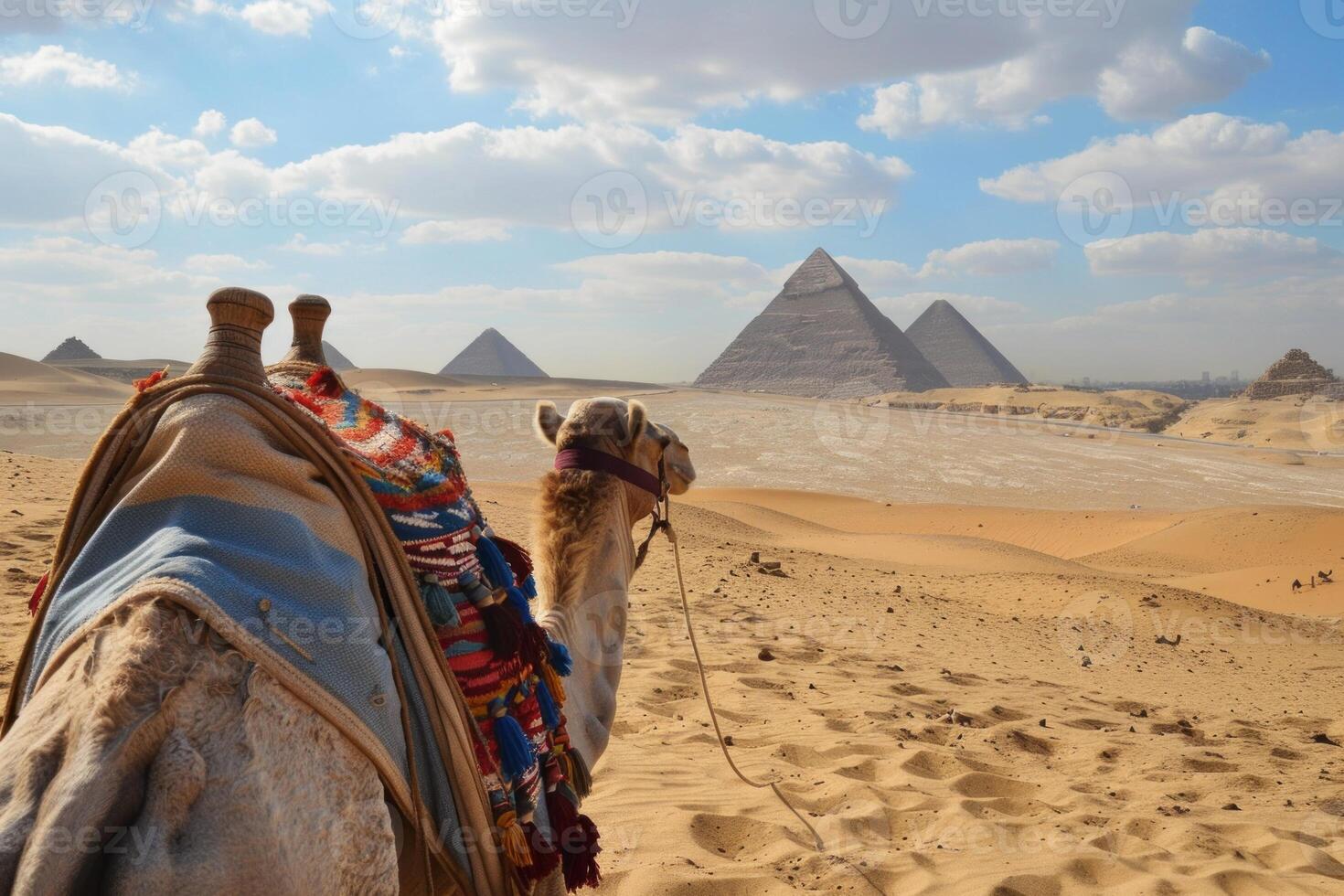 Camel standing in desert looking at great pyramids of giza egypt photo