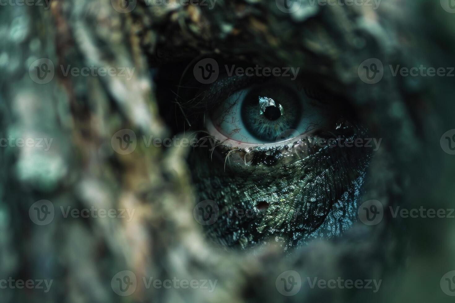 Soldier hiding and camouflaging in forest looking through tree bark photo