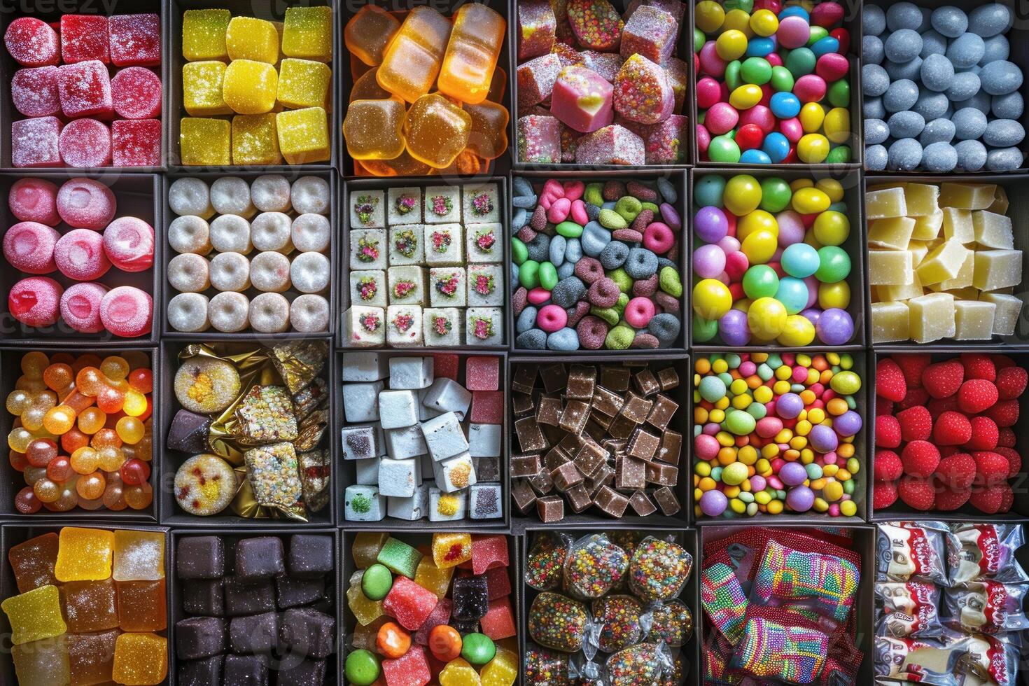Top view of a selection of delicious candies organized in boxes photo