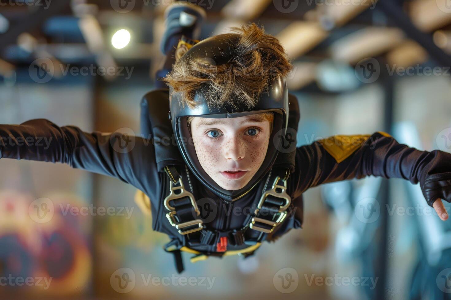Young boy experiencing indoor skydiving with wind tunnel technology photo