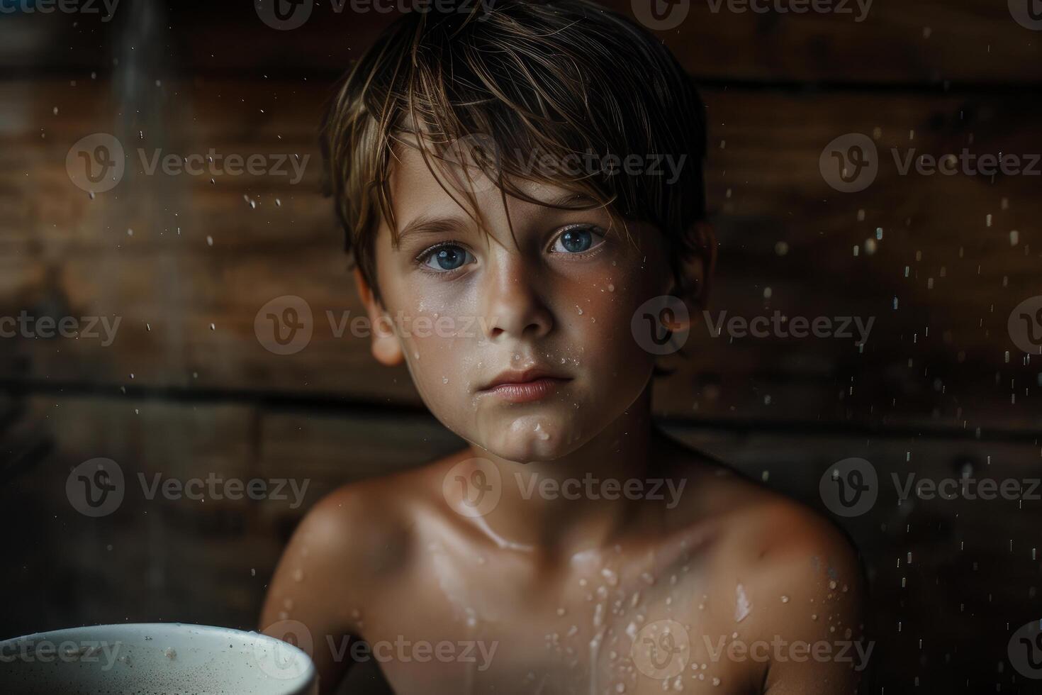 Young boy getting wet in outdoor shower looking serious photo