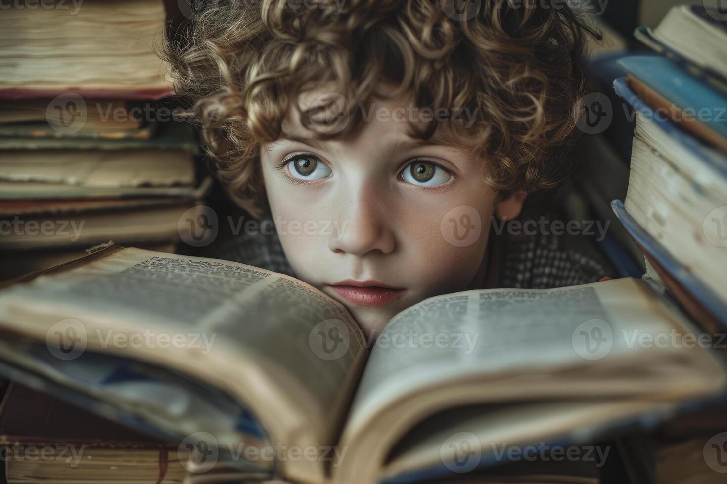 Curious child reading surrounded by stack of old books photo
