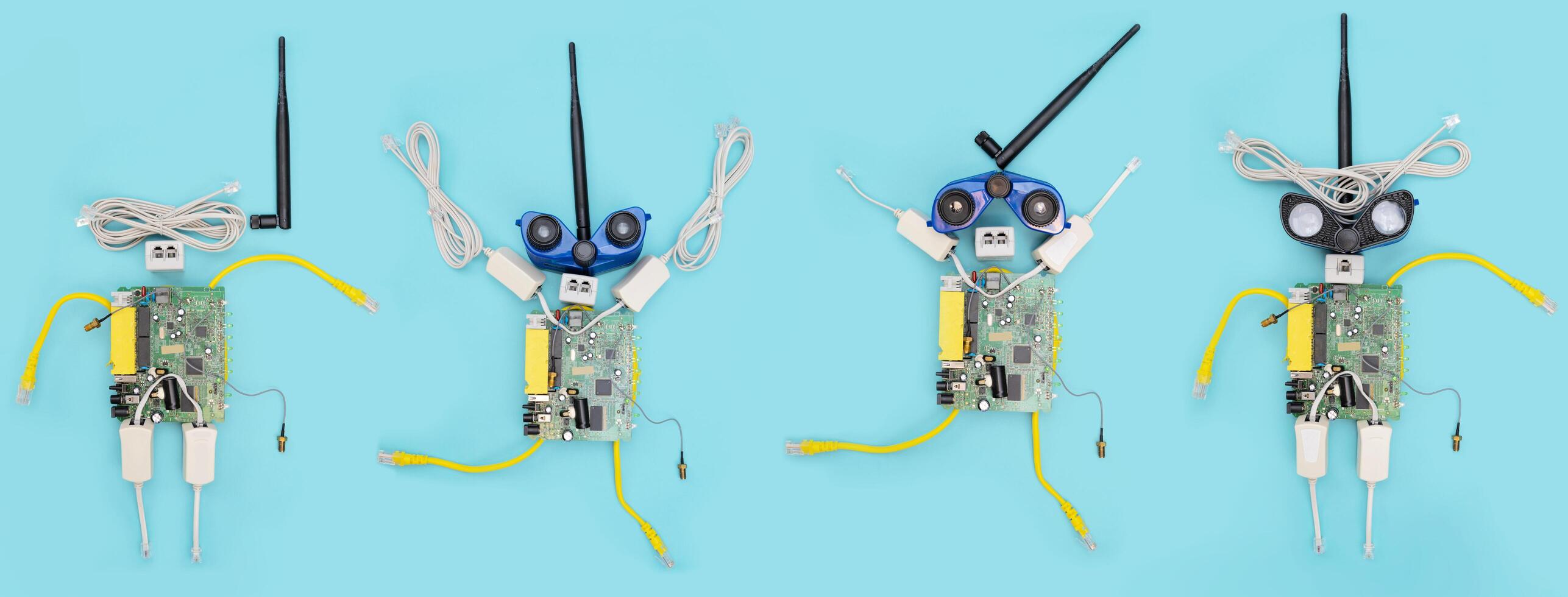 Back to school panorama concept. A metal robot and an electronic board photo