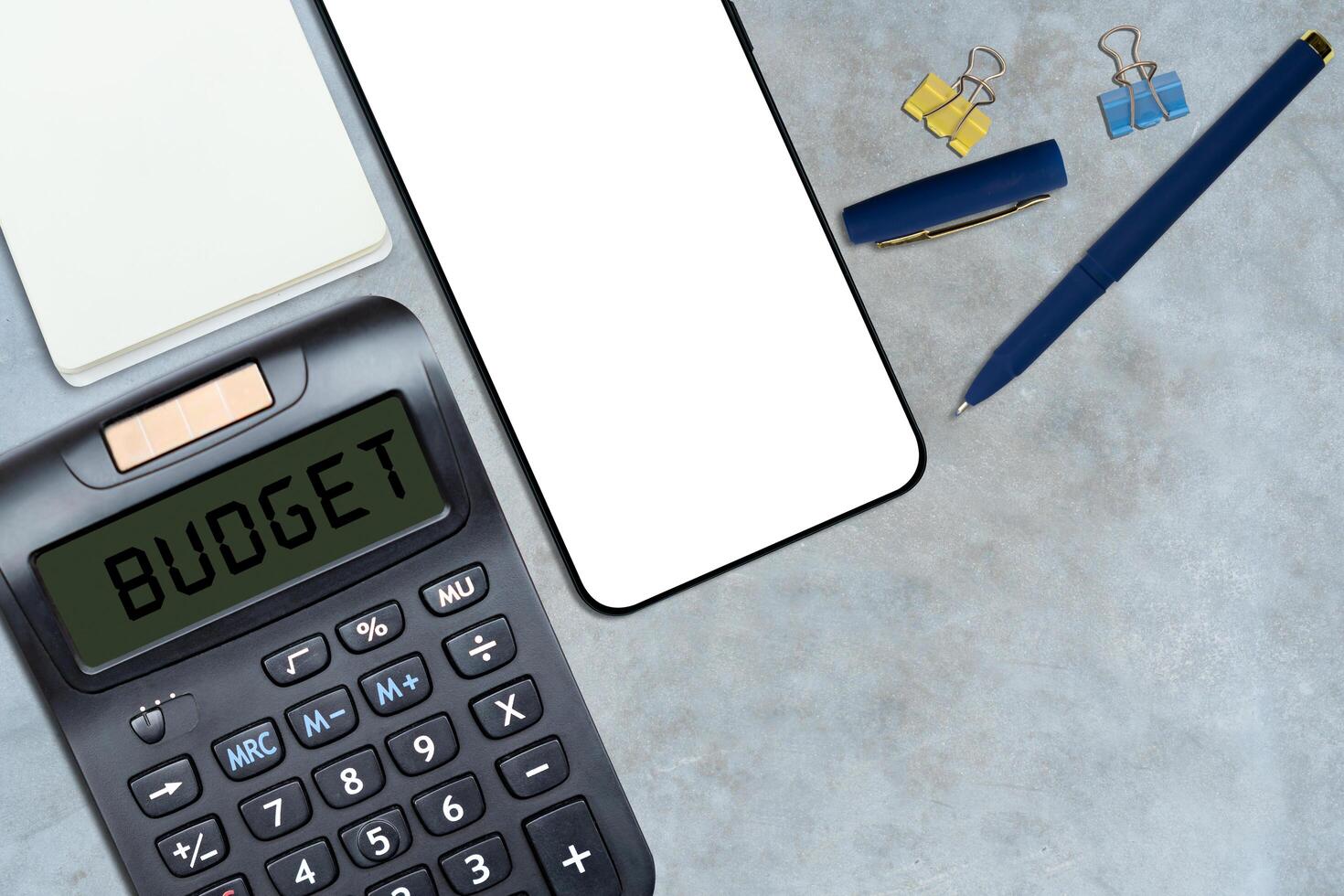 Top view of Calculator with word Budget photo