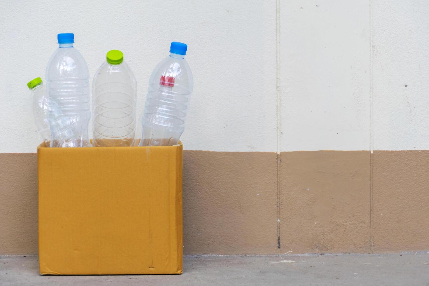 Empty plastic bottles put in a brown paper box photo