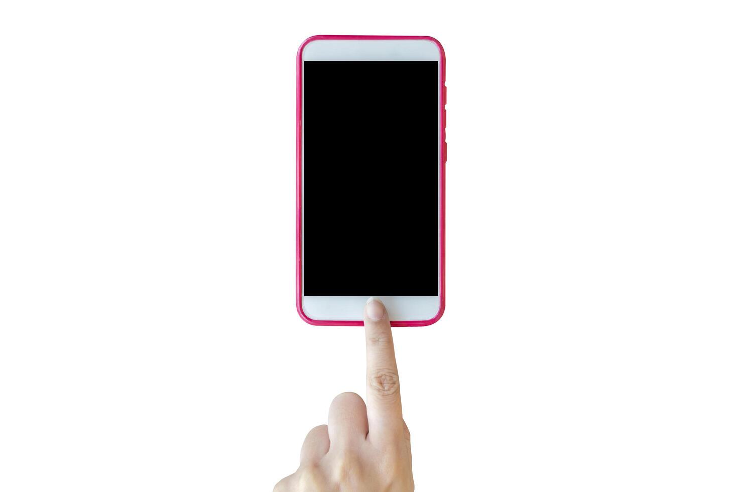 The finger is touching the smartphone, the blank screen is white photo