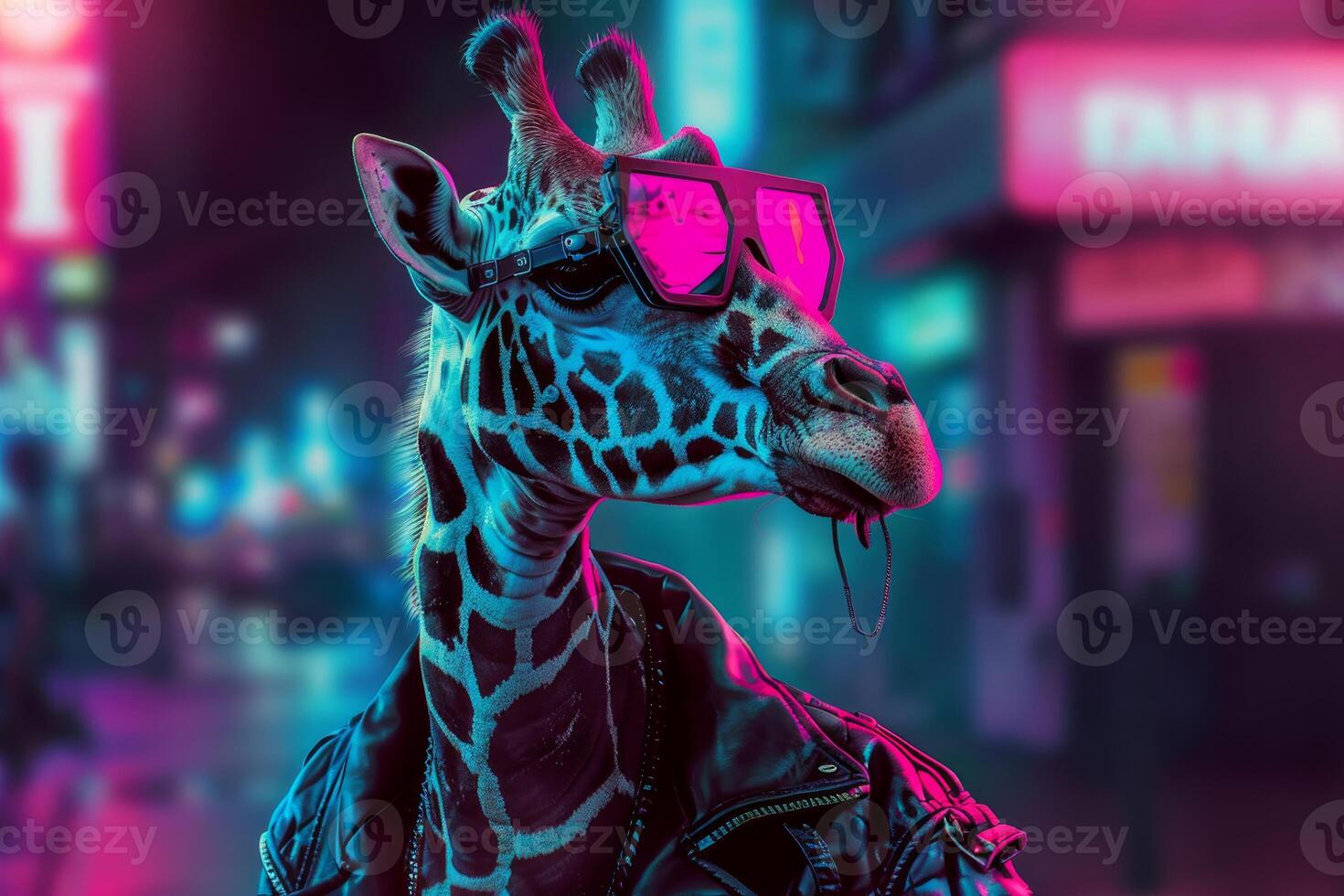 futurista jirafa en neón ciudad luces foto