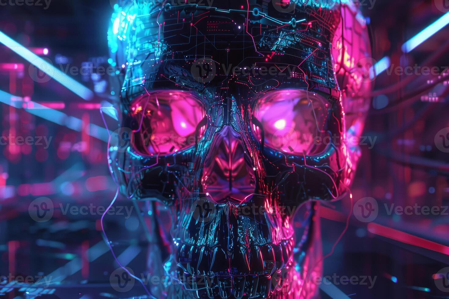 Cybernetic skull with futuristic neon circuitry photo