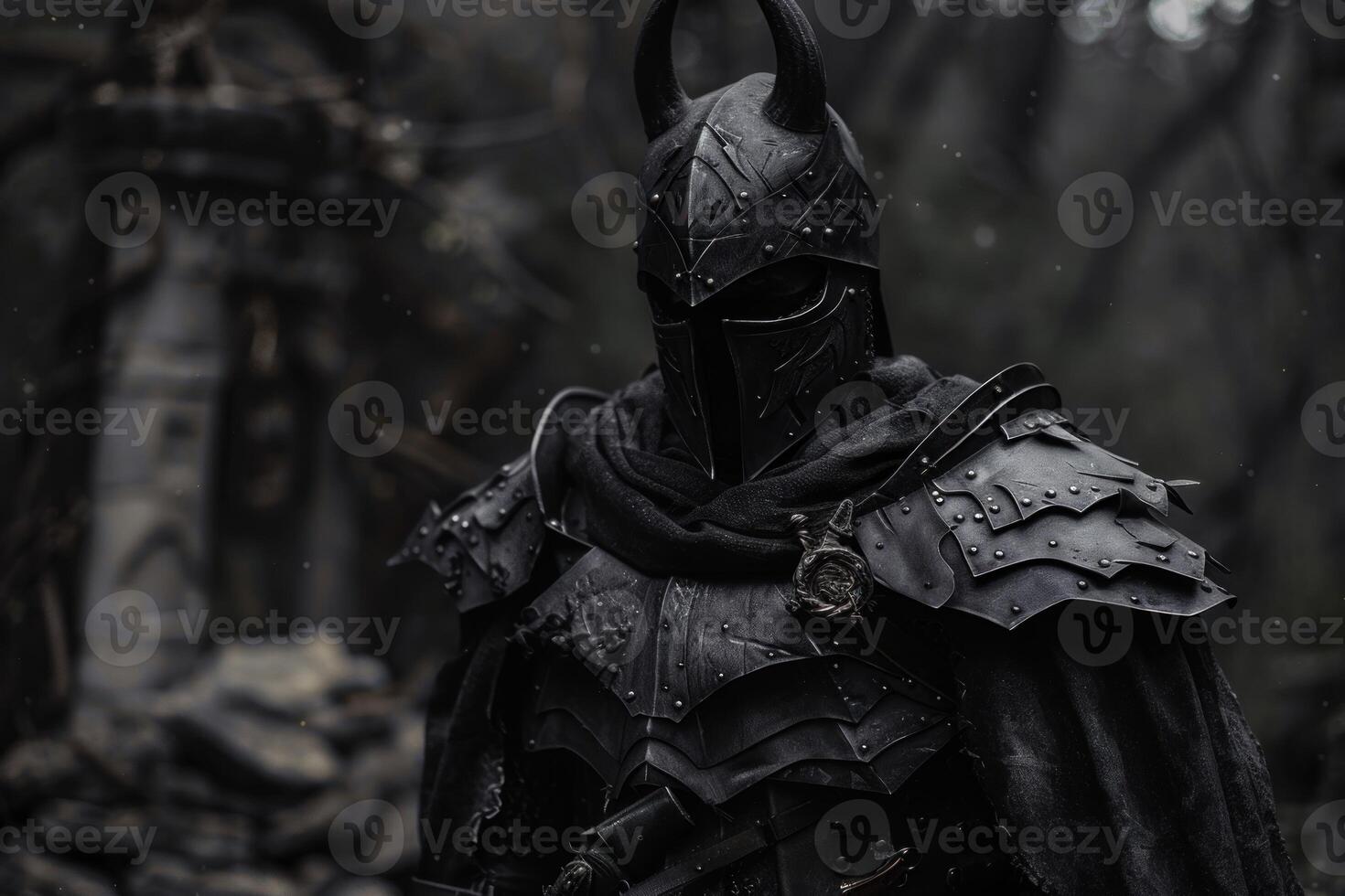 Mysterious medieval knight in armor amidst misty forest photo